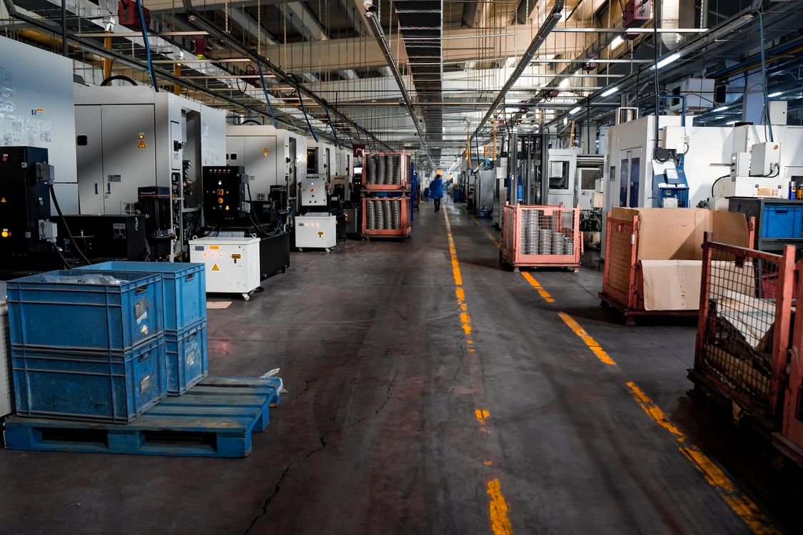 A manufacturing facility with distinct work zones and operational areas