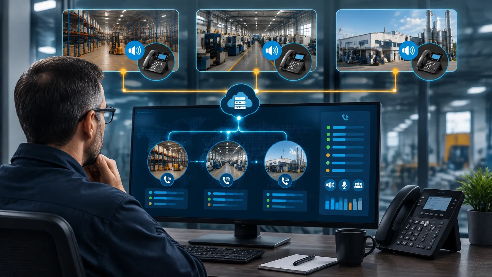 Facilities manager using centralized VoIP communications to connect multiple warehouse and manufacturing locations