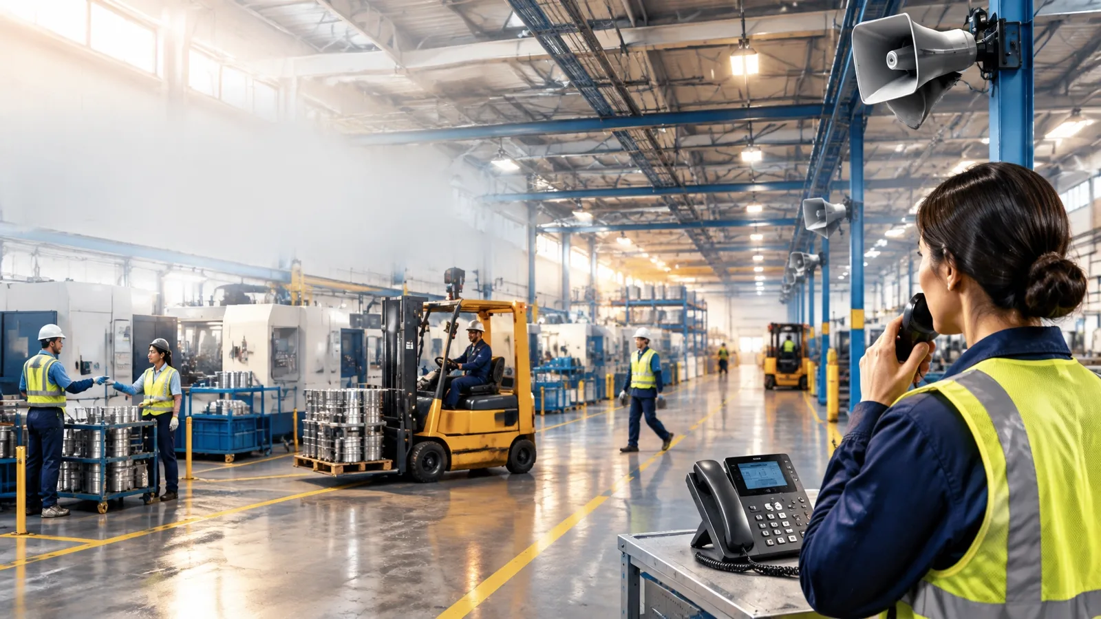 Supervisor using a VoIP phone while workers coordinate inside a busy warehouse with overhead paging speakers